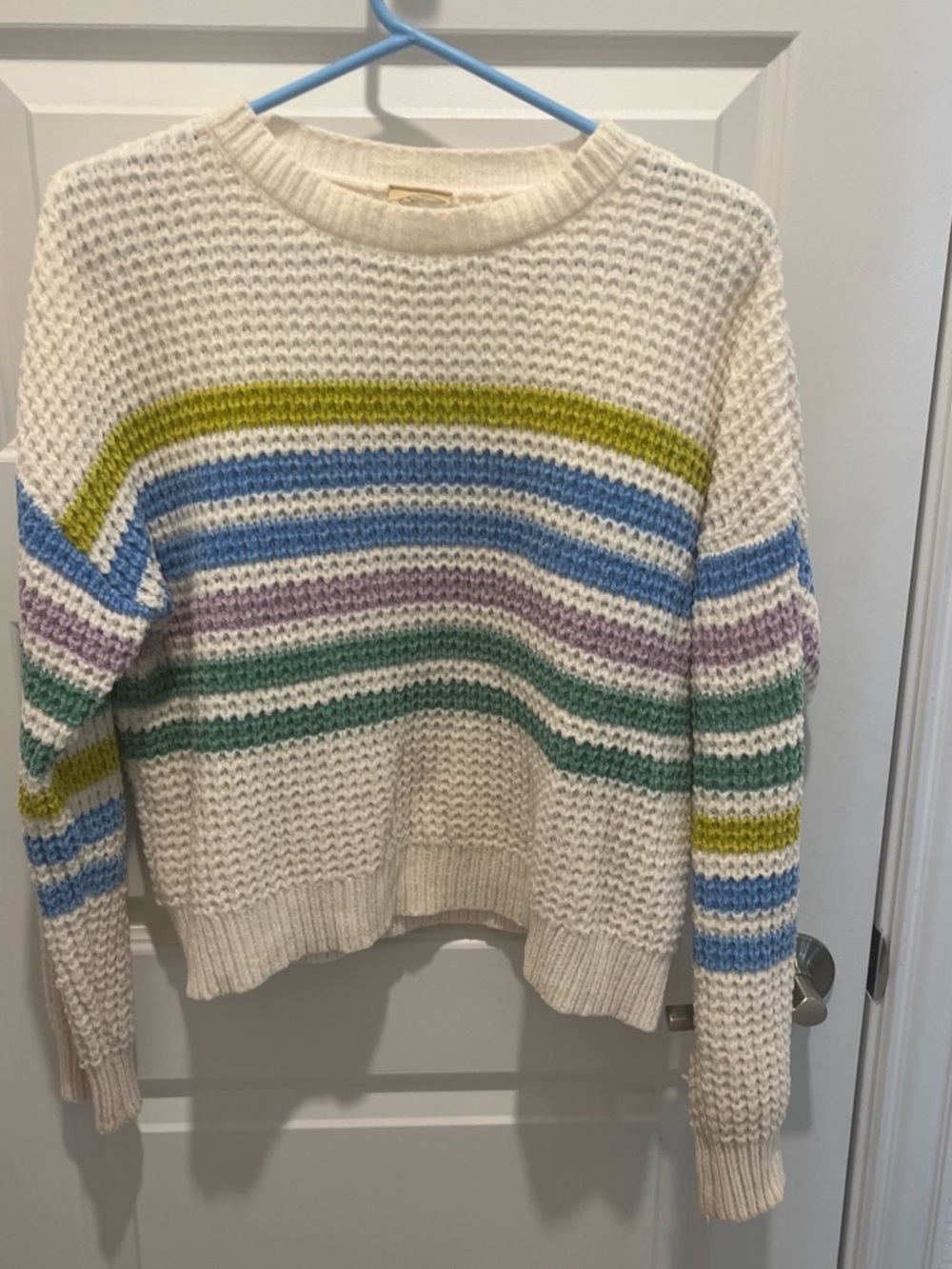 Super soft White Striped Knit Sweater with Pastel Accents